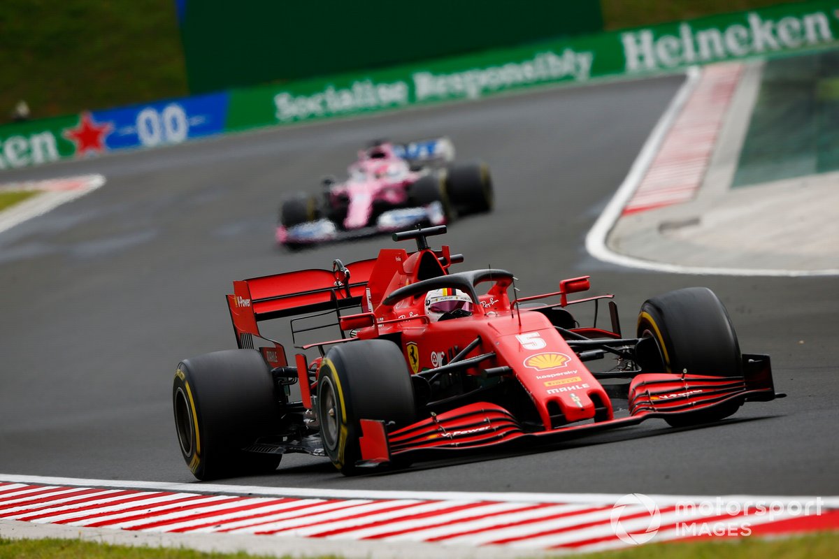 Sebastian Vettel, Ferrari SF1000, leads Sergio Perez, Racing Point RP20