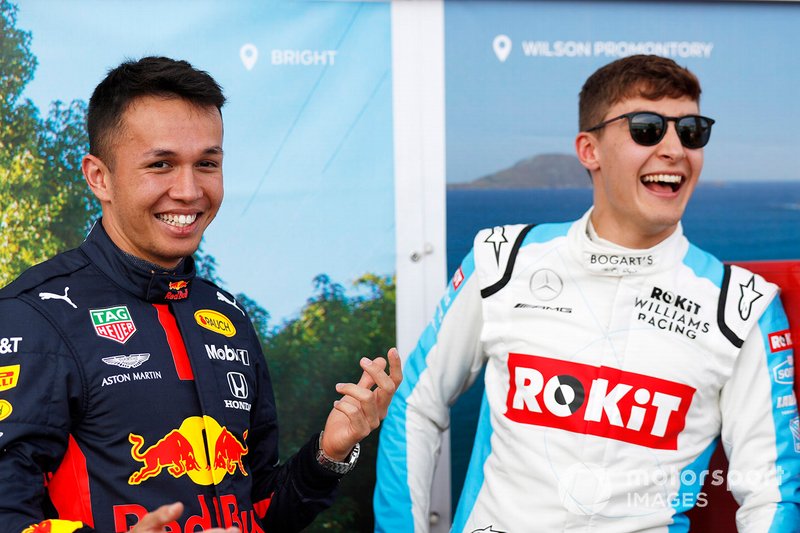Alex Albon, Red Bull Racing, with George Russell, Williams Racing