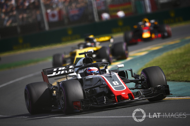 Romain Grosjean, Haas F1 Team VF-18 Ferrari, Nico Hulkenberg, Renault Sport F1 Team R.S. 18, Daniel Ricciardo, Red Bull Racing RB14 Tag Heuer