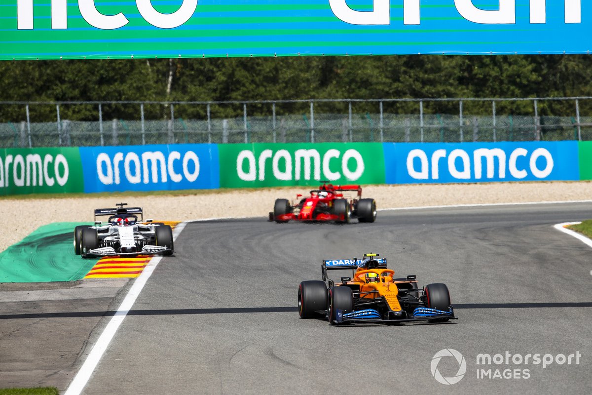 Lando Norris, McLaren MCL35, Daniil Kvyat, AlphaTauri AT01, and Sebastian Vettel, Ferrari SF1000