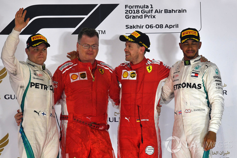 Podium: race winner Sebastian Vettel, Ferrari, second place Valtteri Bottas, Mercedes-AMG F1, third place Lewis Hamilton, Mercedes AMG F1