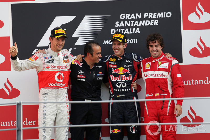 Podium: Jenson Button, McLaren, second, Stefano Sordo, Red Bull Racing Race Engineer, Sebastian Vettel, Red Bull Racing; race winner; Fernando Alonso, Ferrari, third