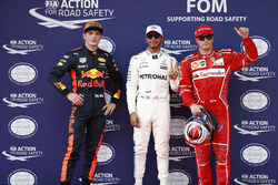 Pole winner Lewis Hamilton, Mercedes AMG, second place Kimi Raikkonen, Ferrari, third place Max Verstappen, Red Bull Racing