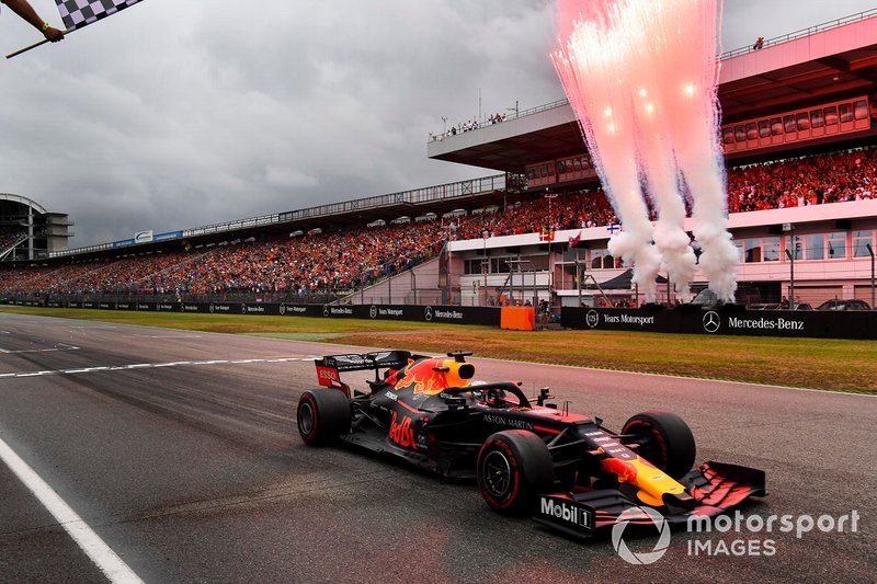 Race winner Max Verstappen, Red Bull Racing RB15 crosses the finish line
