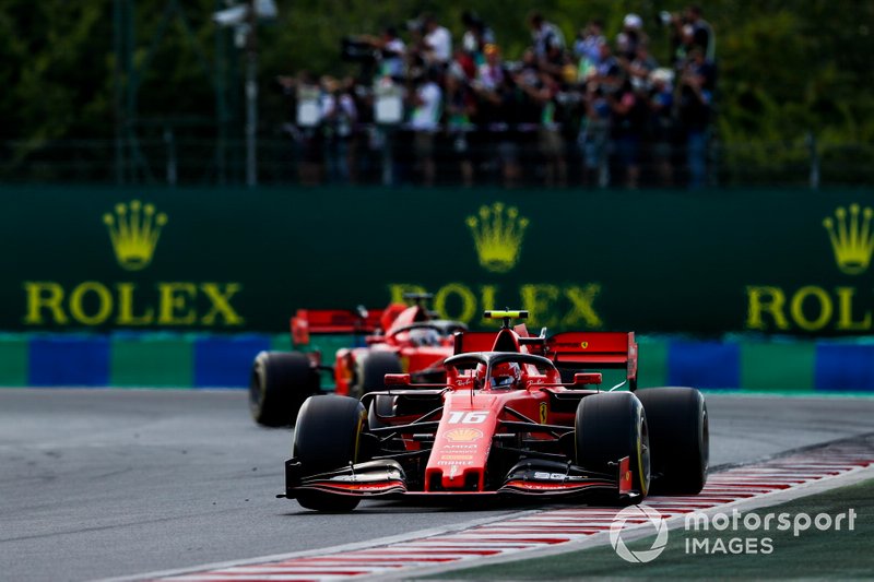 Charles Leclerc, Ferrari SF90, leads Sebastian Vettel, Ferrari SF90