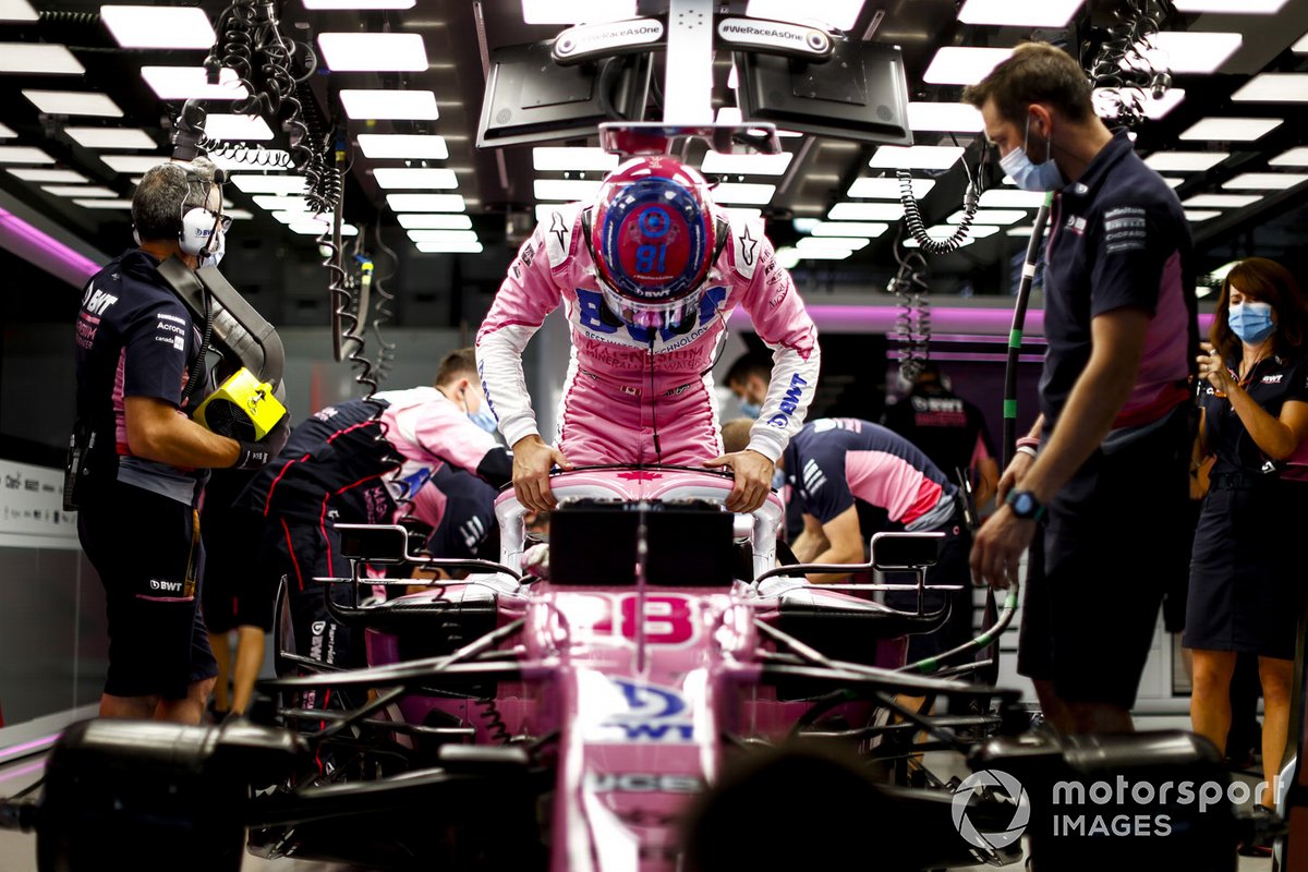 Lance Stroll, Racing Point, settles into his seat