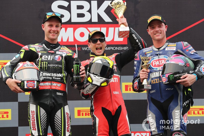 Die Top 3 der WM: Alvaro Bautista (mitte), Jonathan Rea (links) und Alex Lowes (rechts)