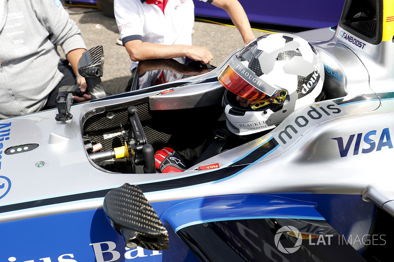 Jon Olsson, Alpine ski racer, prepares to go on track with the Formula E track car