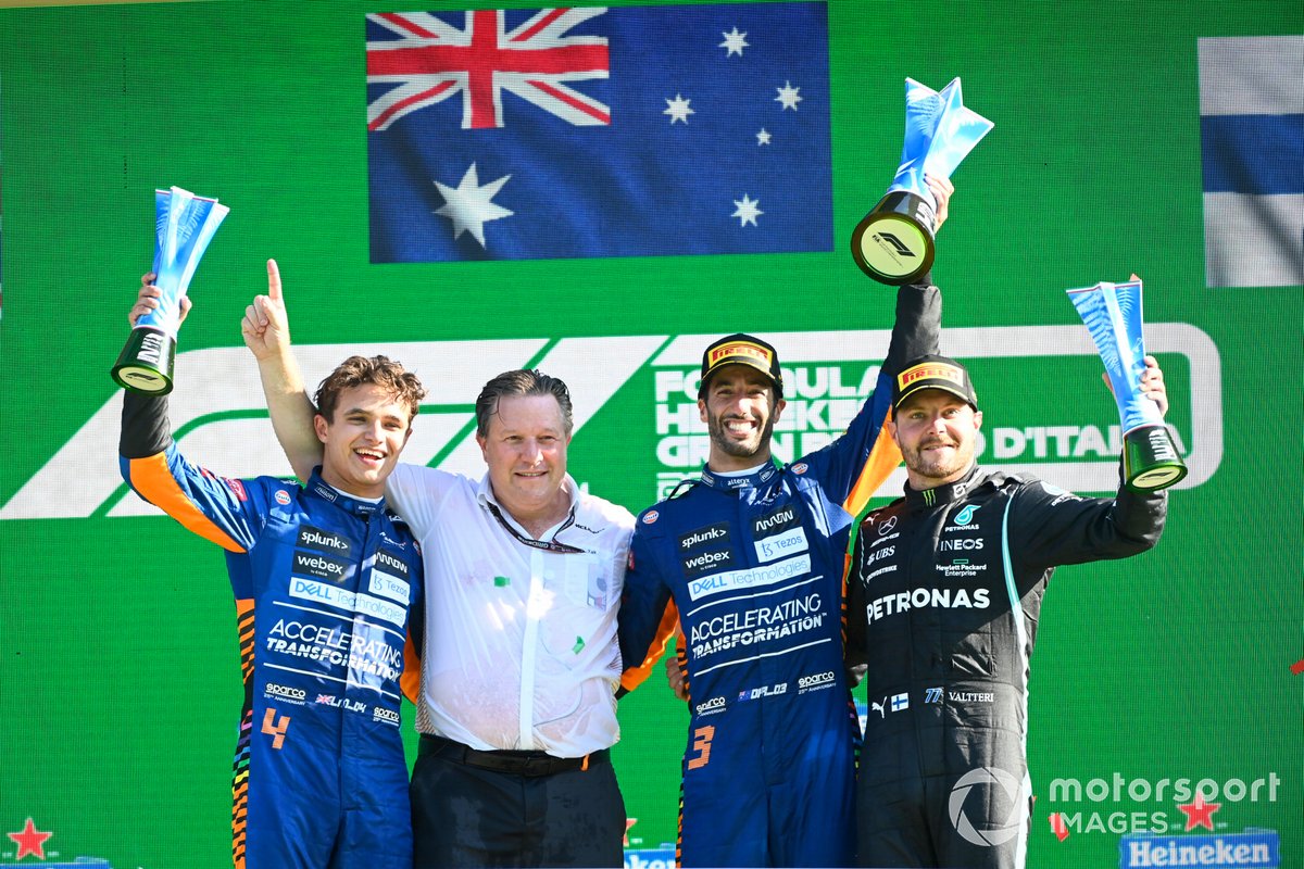 1st place Daniel Ricciardo, McLaren 2nd Lando Norris, McLaren 3rd Valtteri Bottas, Mercedes on the podium