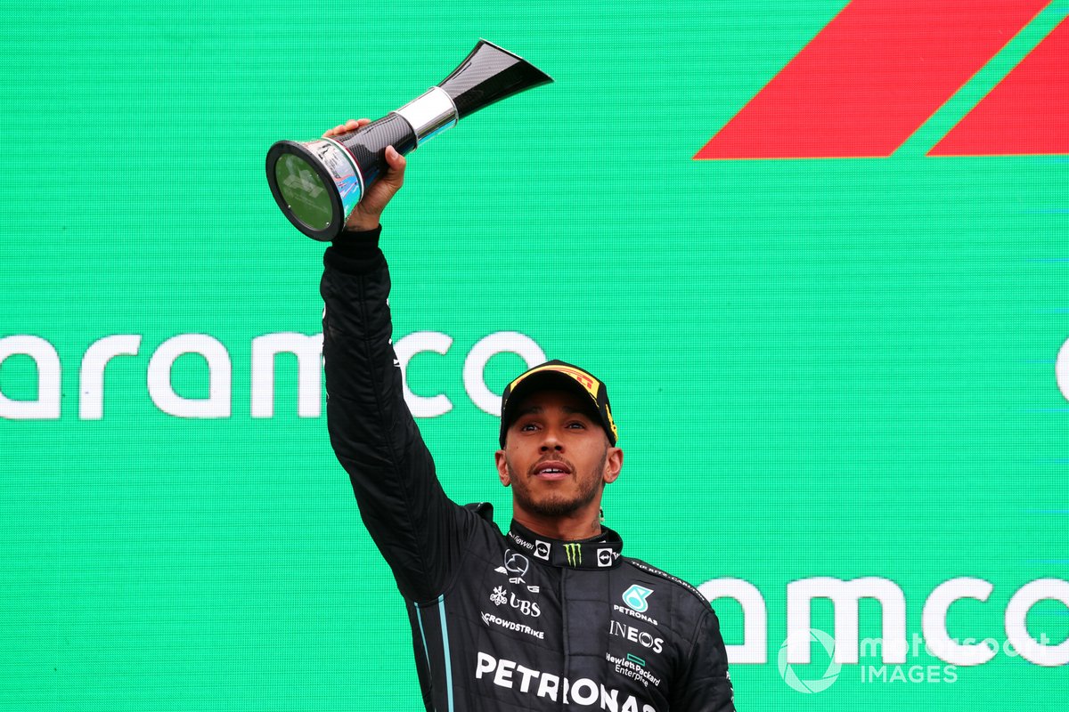Lewis Hamilton, Mercedes-AMG, 2nd position, lifts his trophy
