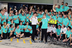 Toto Wolff, Mercedes AMG F1 Shareholder and Executive Director with Thomas Weber, Member of the Board of Management of Daimler AG celebrate with the team