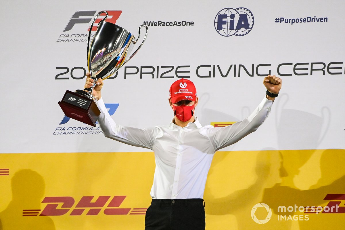 F2 Championship 1st position Mick Schumacher, Prema Racing celebrates on the podium with the trophy