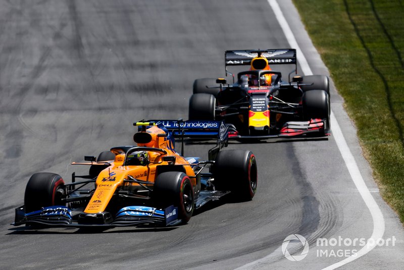 Lando Norris, McLaren MCL34, leads Max Verstappen, Red Bull Racing RB15