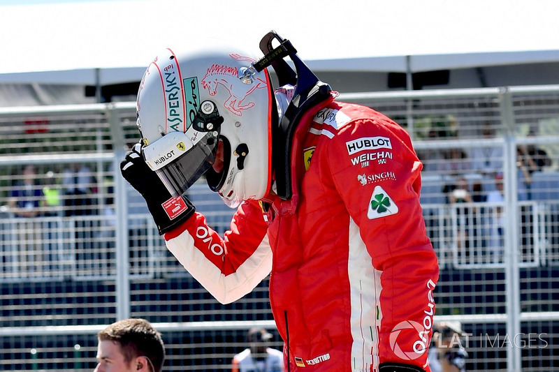 Pole sitter Sebastian Vettel, Ferrari celebrates in parc ferme