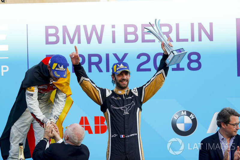 Jean-Eric Vergne, Techeetah, places 3rd, Lucas di Grassi, Audi Sport ABT Schaeffler, places 2nd, Daniel Abt, Audi Sport ABT Schaeffler, wins the Berlin ePrix