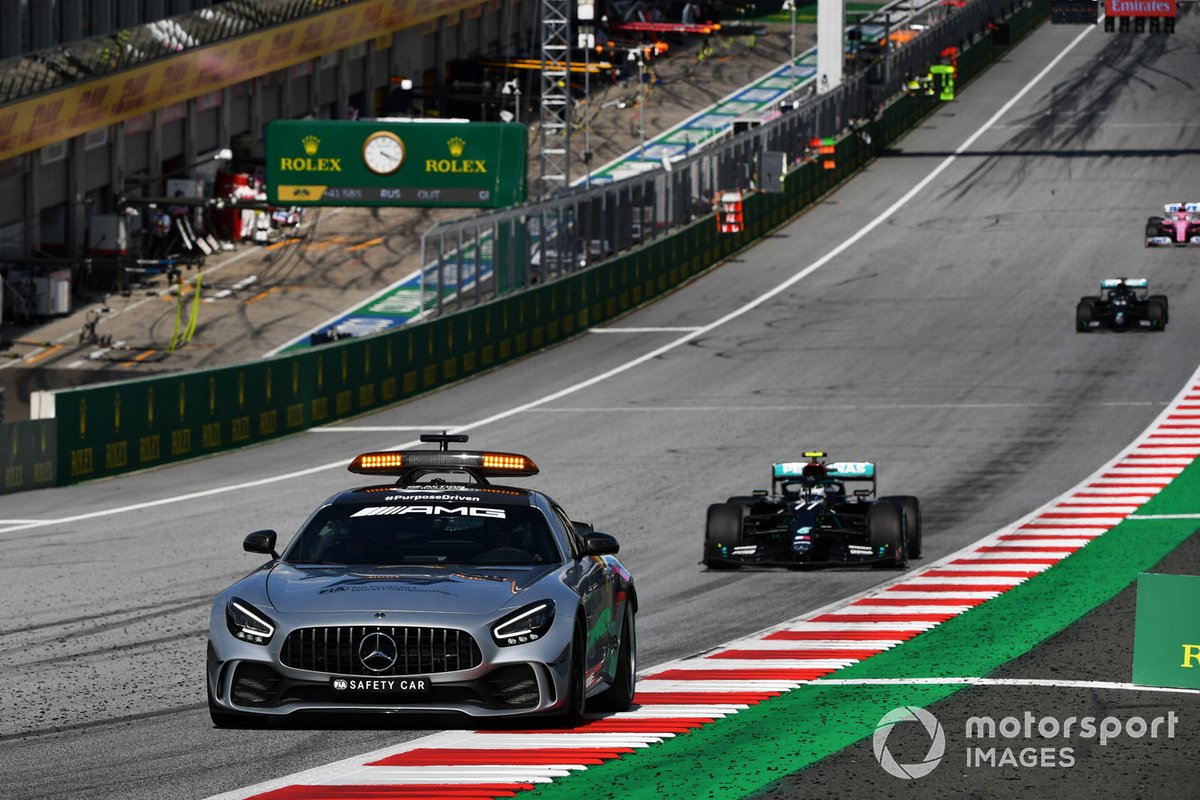 Valtteri Bottas, Mercedes F1 W11 EQ Performance, follows the Safety Car