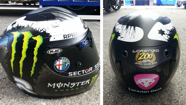 Lorenzo con un casco celebrativo dei 200 Gp