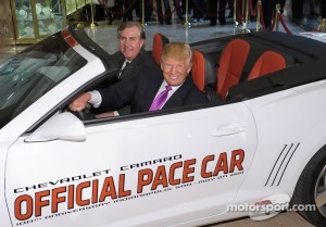 Donald Trump settles into his new ride as the 2011 Indianapolis 500 Chevrolet Camaro SS Convertible Pace Car driver for the 100th Anniversary of the Indianapolis 500 with Jeff Belskus, CEO, Indianapolis Motor Speedway (L)
