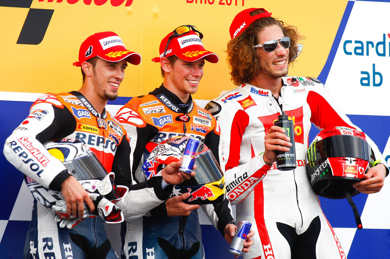 2011: 1. Casey Stoner, 2. Andrea Dovizioso, 3. Marco Simoncelli