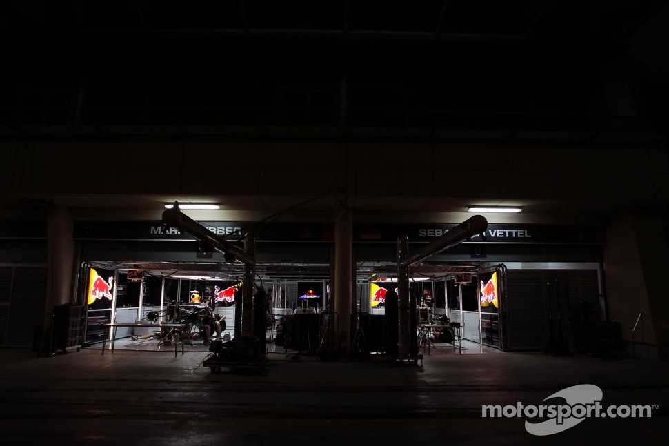 Red Bull Racing pit garages at night