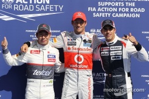 pole for Jenson Button, McLaren Mercedes with 2nd for Kamui Kobayashi, Sauber F1 Team and 3rd Pastor Maldonado, Williams F1 Team