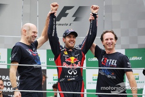 Sebastian Vettel, Red Bull Racing celebrates his World Championship with Adrian Newey, Red Bull Racing Chief Technical Officer, Christian Horner, Red Bull Racing Team Principal and the team