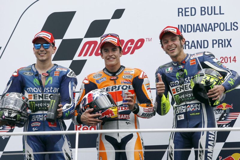 Podio: 1º Marc Márquez, 2º Jorge Lorenzo, 3º Valentino Rossi