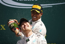 Race winner Lewis Hamilton, Mercedes AMG F1 celebrates on the podium with team mate Nico Rosberg, Me