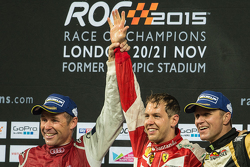 Winnaar Sebastian Vettel, tweede Tom Kristensen, winnaar Skills Challenge Petter Solberg