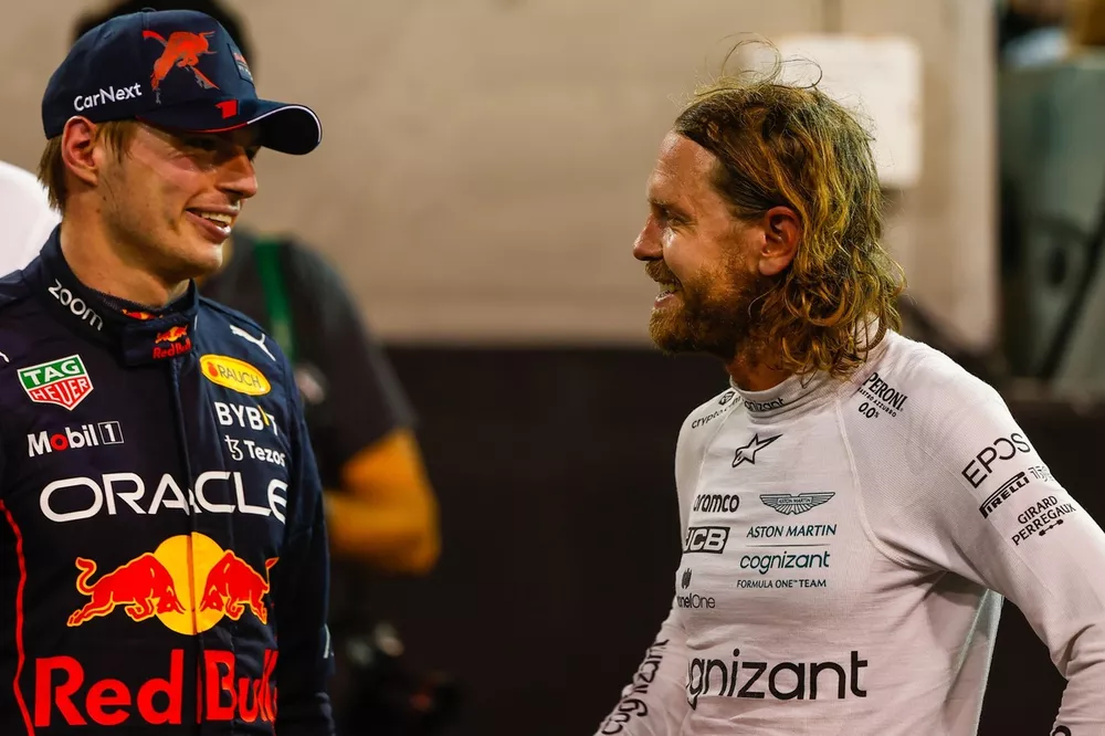 Max Verstappen, Red Bull Racing, 1st position, Sebastian Vettel, Aston Martin, talk at the end of the race