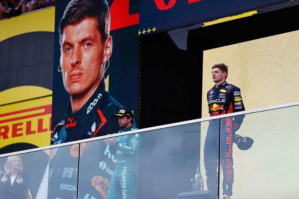 Fernando Alonso, Aston Martin F1 Team, 2nd position, Max Verstappen, Red Bull Racing, 1st position, on the podium