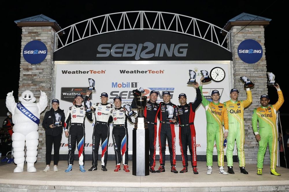#7 Porsche Penske Motorsport Porsche 963: Felipe Nasr, Nick Tandy, Laurens Vanthoor, #43 Inter Europol Competition, ORECA LMP2 07: Tom Dillmann, Bijoy Garg, Jeremy Clarke, #48 Paul Miller Racing BMW M4 GT3 EVO: Max Hesse, Dan Harper, Jesse Krohn