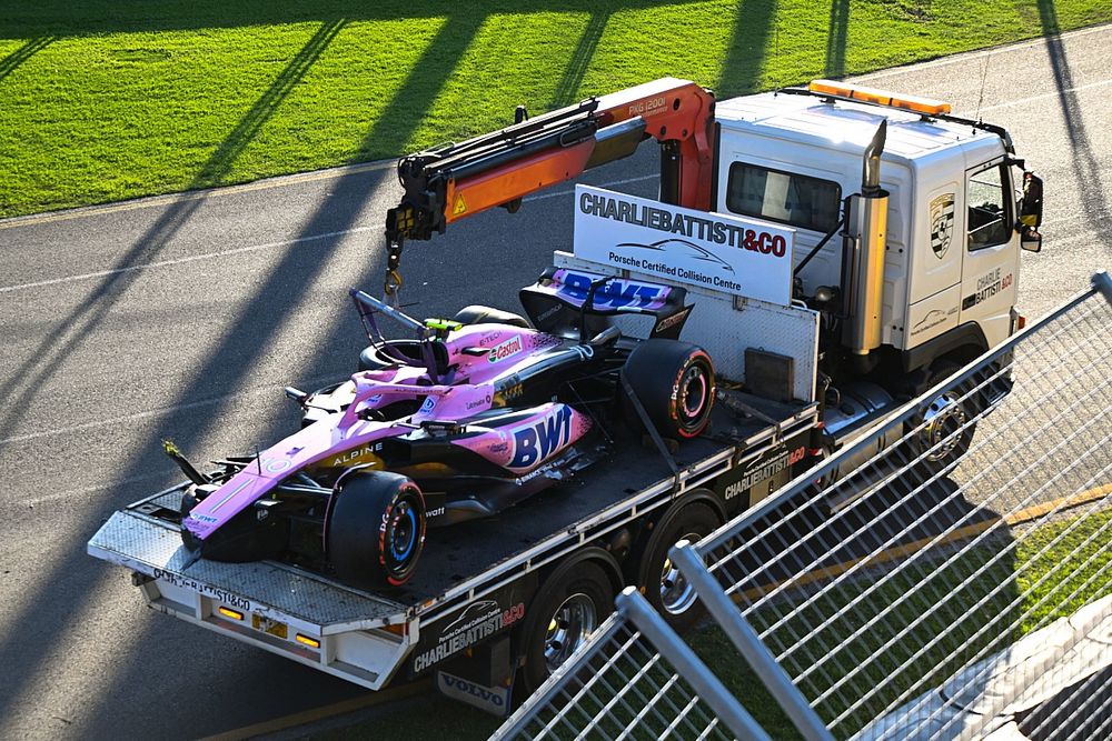 The damaged car of Pierre Gasly, Alpine A523, on a flatbed truck