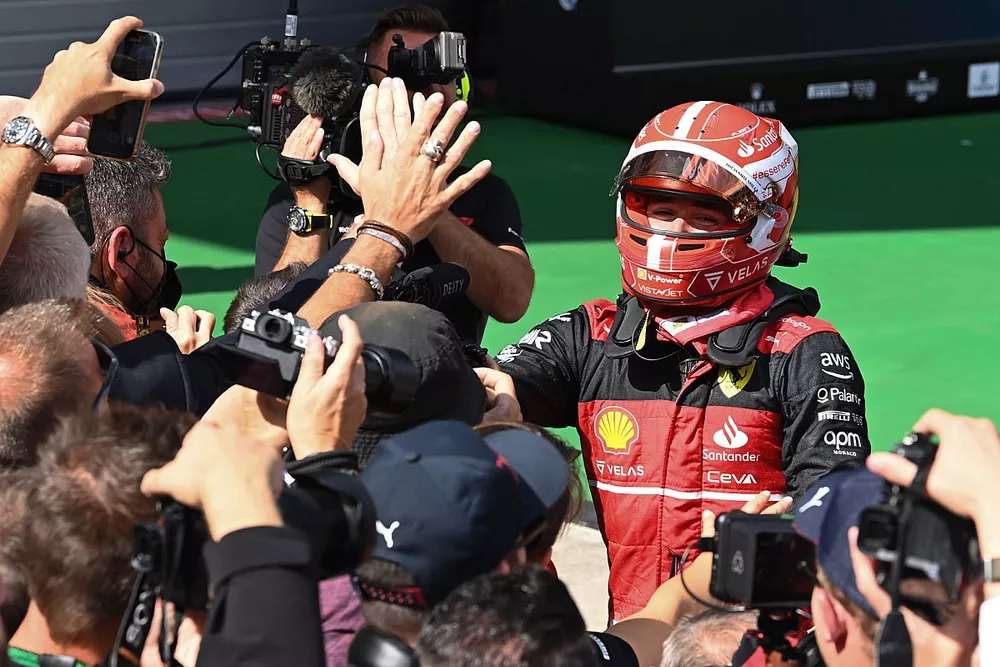 Charles Leclerc, Ferrari, 1st position, celebrates in Parc Ferme