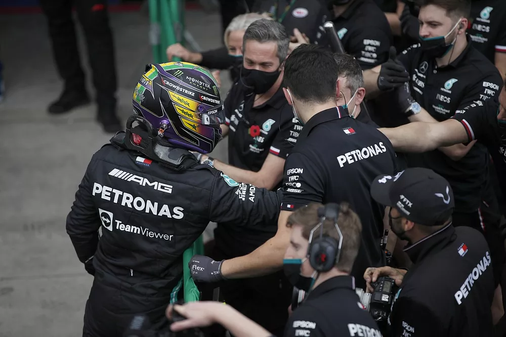 Lewis Hamilton, Mercedes, celebrates with his team after securing pole for the Sprint race