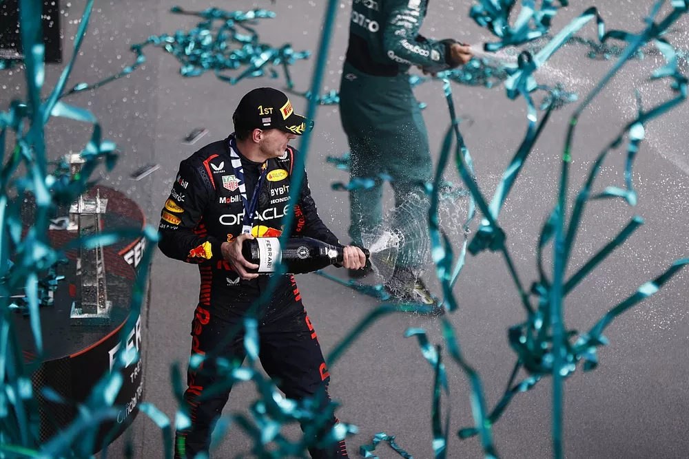Max Verstappen, Red Bull Racing, 1st position, sprays the victory Champagne