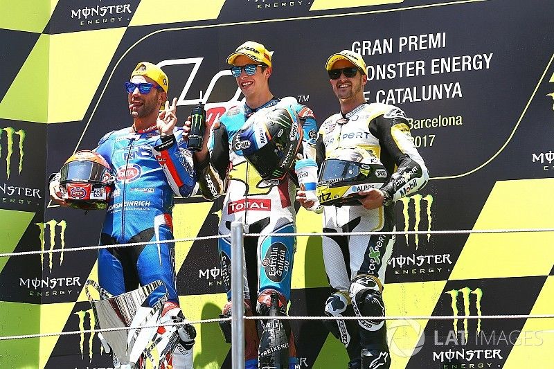 Podium: segundo, Mattia Pasini, Italtrans Racing Team, ganador, Alex M&aacute;rquez, Marc VDS, tercero, Tho