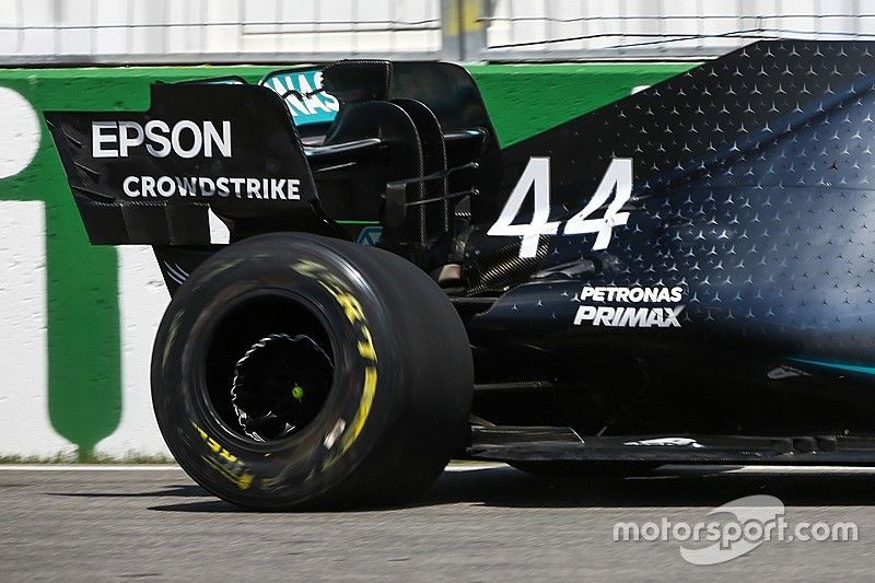 Damaged rear tyre of Lewis Hamilton, Mercedes AMG F1 W10 after hitting the wall