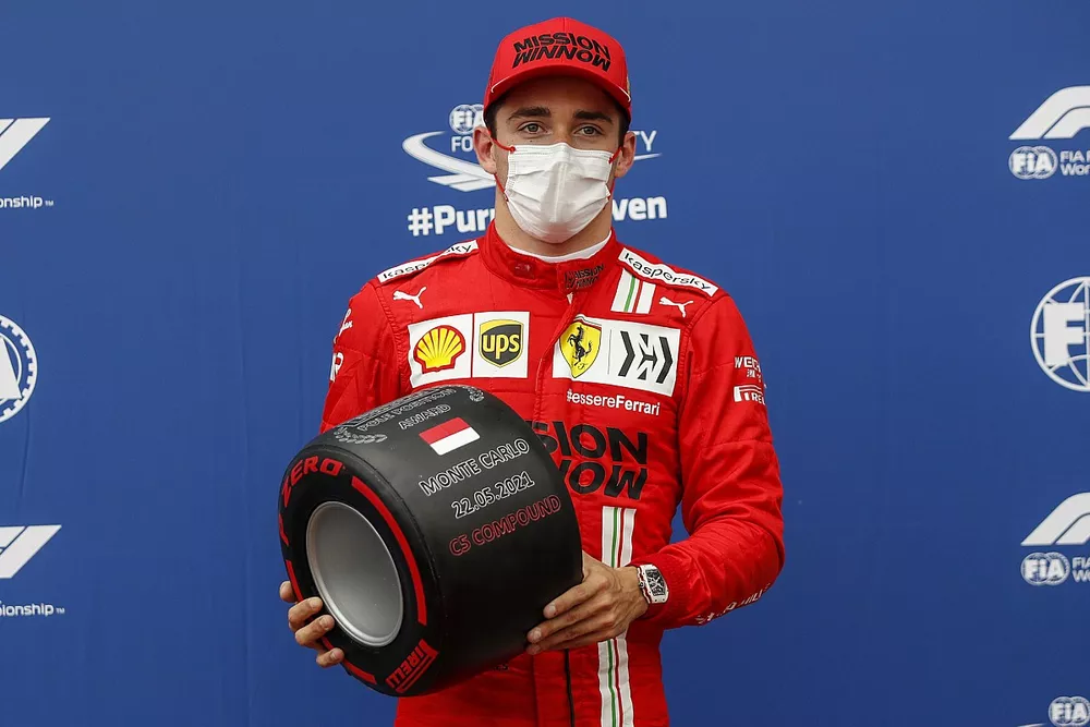 Charles Leclerc, Ferrari, with the Pirelli Pole Position award