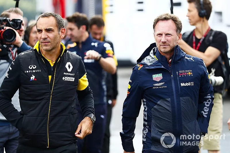 Cyril Abiteboul, Managing Director, Renault Sport F1 Team, met Christian Horner, teambaas Red Bull Racing