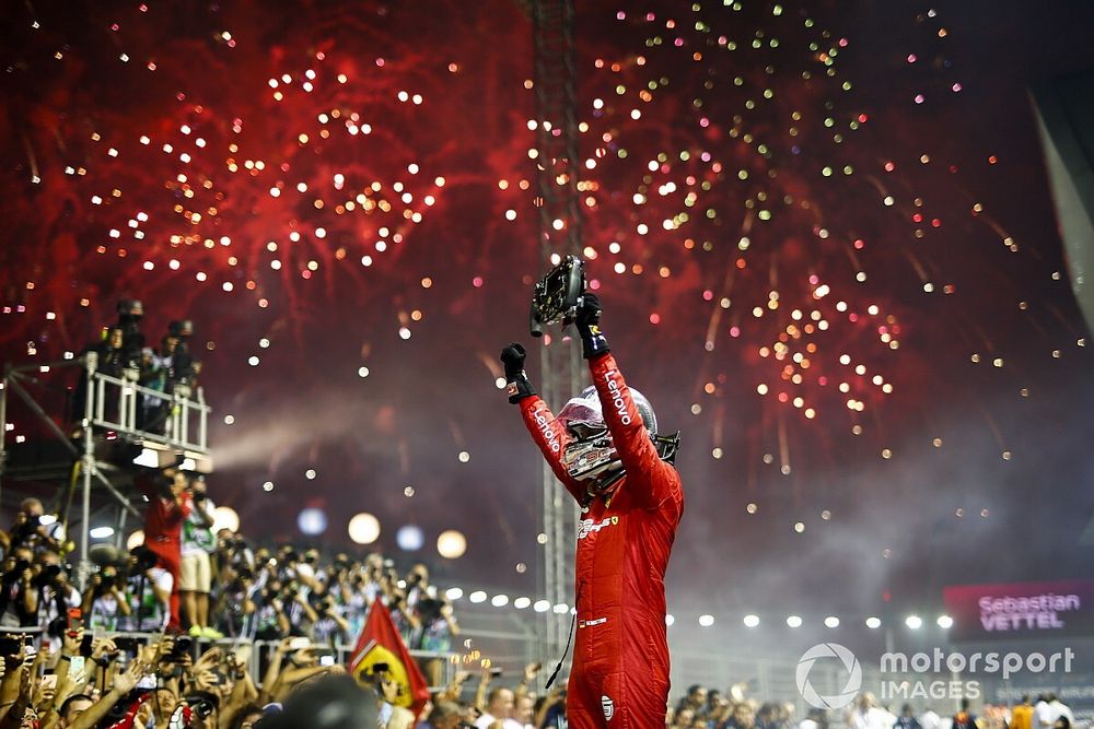 Sebastian Vettel, Ferrari, 1st position, celebrates in Parc Ferme