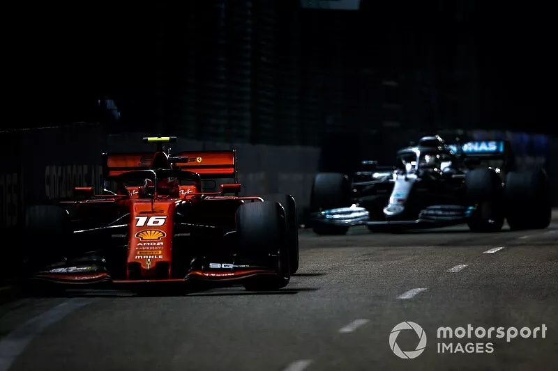 Charles Leclerc, Ferrari SF90, leads Lewis Hamilton, Mercedes AMG F1 W10