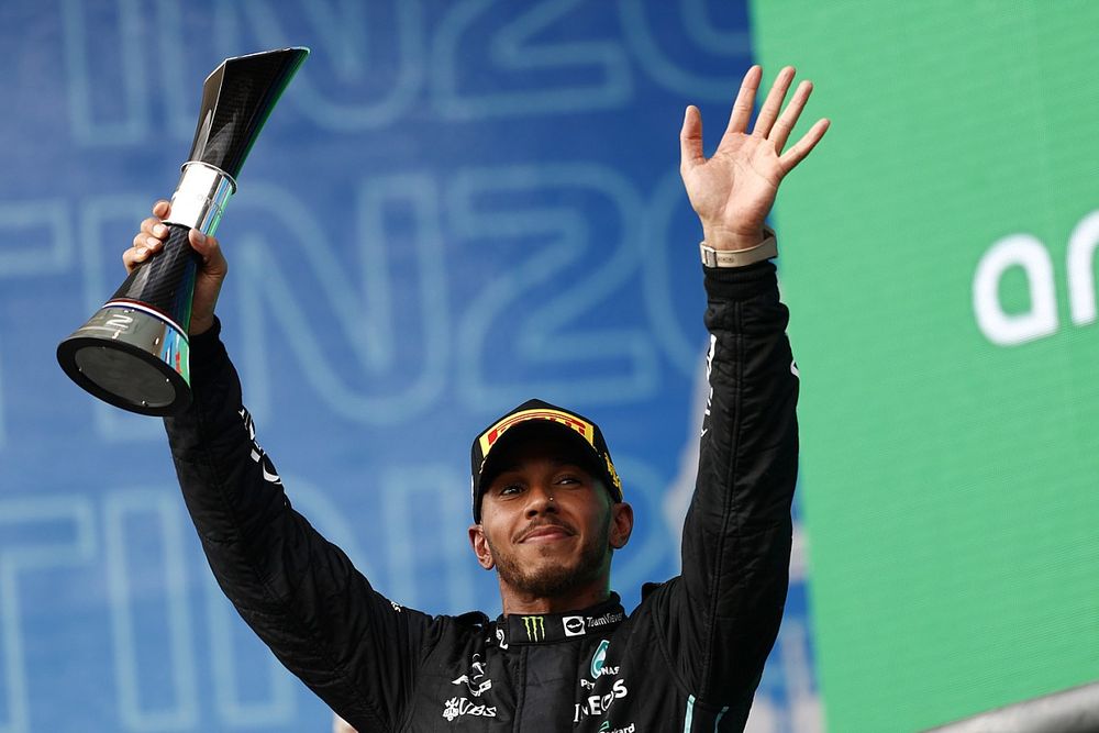 Lewis Hamilton, Mercedes AMG, 2nd position, with his trophy