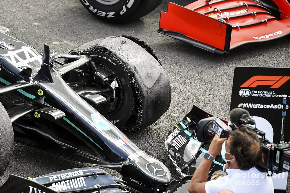 The punctured tyre on the winning car of Lewis Hamilton, Mercedes F1 W11, in Parc Ferme