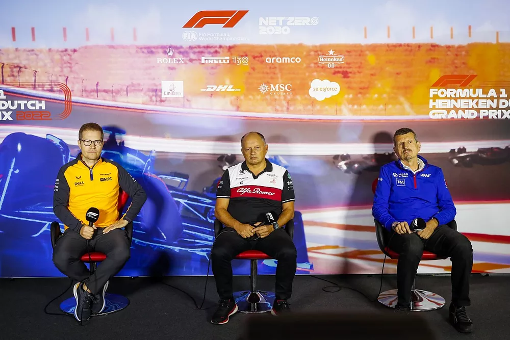 Andreas Seidl, Team Principal, McLaren, Frederic Vasseur, Team Principal, Alfa Romeo Racing, Guenther Steiner, Team Principal, Haas F1, in the team principals Press Conference