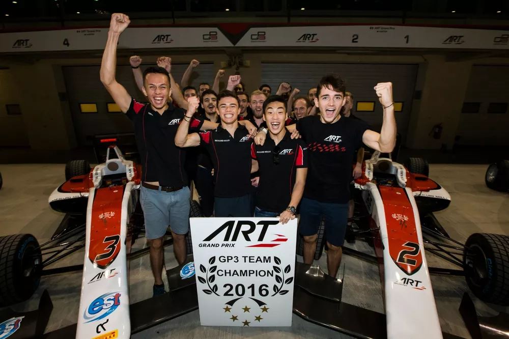 ART Grand Prix celebrate being Team Champions with Alexander Albon, Nyck De Vries, Nirei Fukuzumi & Charles Leclerc