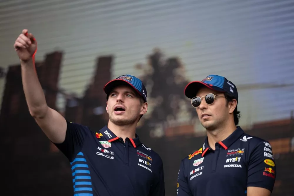 Max Verstappen, Red Bull Racing, Sergio Perez, Red Bull Racing, on stage in the fan zone