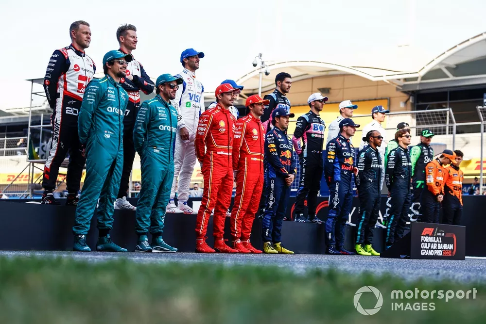 The 2024 Formula 1 grid
Top row: Kevin Magnussen, Haas F1 Team, Nico Hulkenberg, Haas F1 Team, Daniel Ricciardo, Visa Cash App RB F1 Team, Yuki Tsunoda, Visa Cash App RB F1 Team, Esteban Ocon, Alpine F1 Team, Pierre Gasly, Alpine F1 Team, Logan Sargeant, Williams Racing, Alex Albon, Williams Racing, Zhou Guanyu, Stake F1 Team Kick Sauber, Valtteri Bottas, Stake F1 Team Kick Sauber
Bottom row: Fernando Alonso, Aston Martin F1 Team, Lance Stroll, Aston Martin F1 Team, Charles Leclerc, Scuderia Ferrari, Carlos Sainz, Scuderia Ferrari, Sergio Perez, Red Bull Racing, Max Verstappen, Red Bull Racing, Sir Lewis Hamilton, Mercedes-AMG F1 Team, George Russell, Mercedes-AMG F1 Team, Oscar Piastri, McLaren F1 Team, Lando Norris, McLaren F1 Team