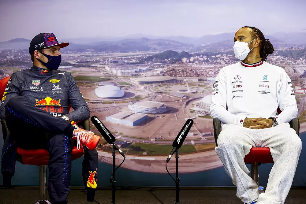 Max Verstappen, Red Bull Racing, 2nd position, and Lewis Hamilton, Mercedes, 1st position, in the post race Press Conference
