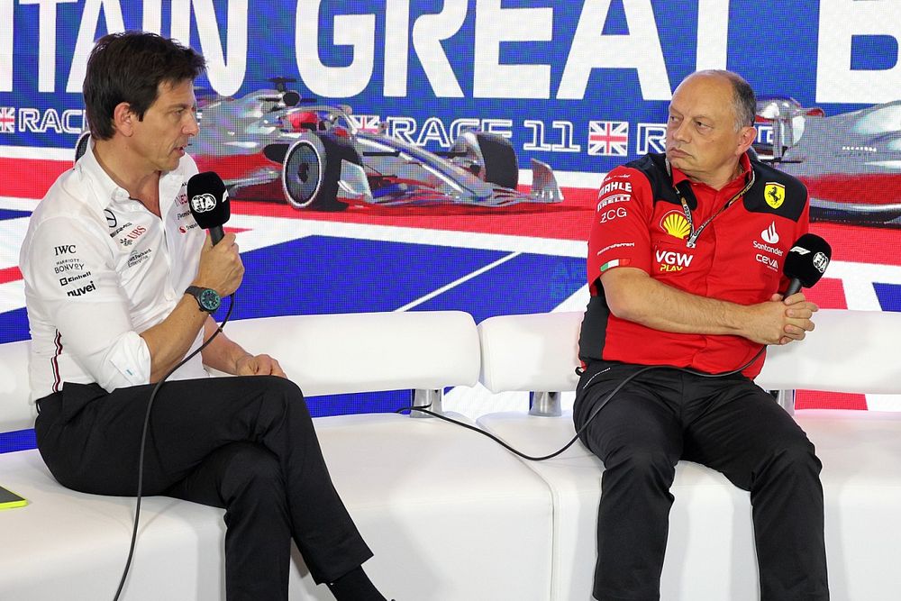 Toto Wolff, Team Principal and CEO, Mercedes-AMG, Frederic Vasseur, Team Principal and General Manager, Scuderia Ferrari, Mario Isola, Racing Manager, Pirelli Motorsport, in the Team Prinicpals Press Conference
